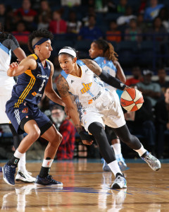 CHICAGO, IL - JUNE 5: Tamera Young #1 of the Chicago Sky handles the ball against the Indiana Fever during a WNBA game on June 5, 2015 at the Allstate Arena in Glenville, Illinois. NOTE TO USER: User expressly acknowledges and agrees that, by downloading and or using this photograph, User is consenting to the terms and conditions of the Getty Images License Agreement. Mandatory Copyright Notice: Copyright 2015 NBAE (Photo by Gary Dineen/NBAE via Getty Images)